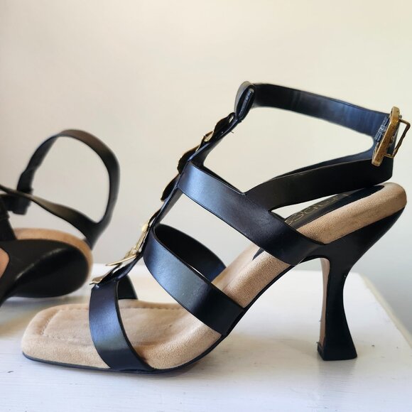 Franco Sarto Black Strappy Dress Heels Gold Leaf Detail Women’s Size 5.5 - Picture 6 of 8